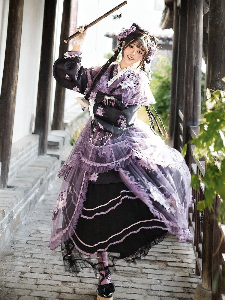 Floral Crossover Dress Neck Black Overdress Purple + Lolita Skirt Han Print Tulle