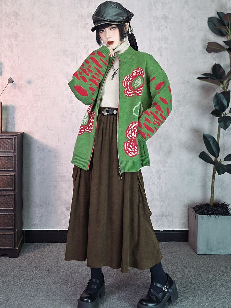 Chinese Pockets Cargo Skirt - Leaf Brown Motif with Embroidery Style
