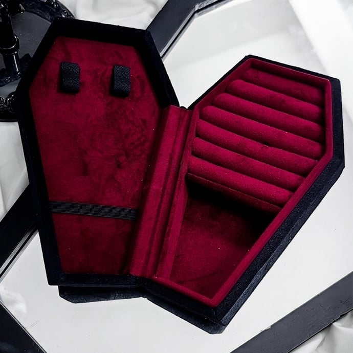 Red/ with Blue Organizer Pink/ Coffin Box Gothic Accessory Velvet Interior in Jewelry Storage
