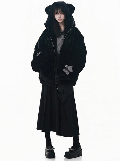 Hooded with Bear Ear Plush Embroidery Black/White Buckle Strap and Lined Pin Accents Coat