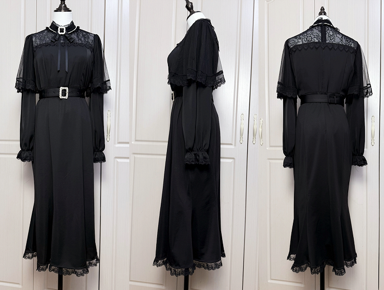 Black Sleeves with Illusion Jirai Dress: Silhouette Kei Neckline Cape Dark Mermaid