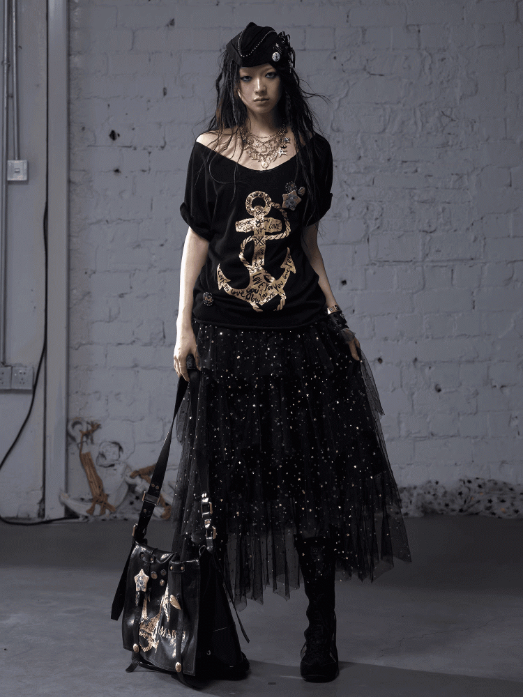 Schwarz/Weißes Navycore-Grafik-T-Shirt im Distressed-Design