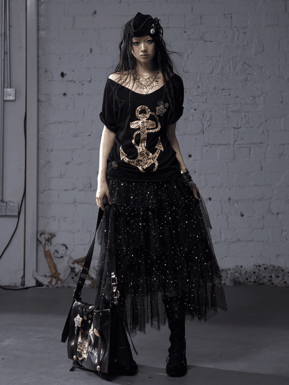 Schwarz/Weißes Navycore-Grafik-T-Shirt im Distressed-Design