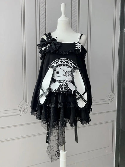 Asymmetrical Spiderweb Motif Jirai-kei Dark Skirt - Puppet Bombs