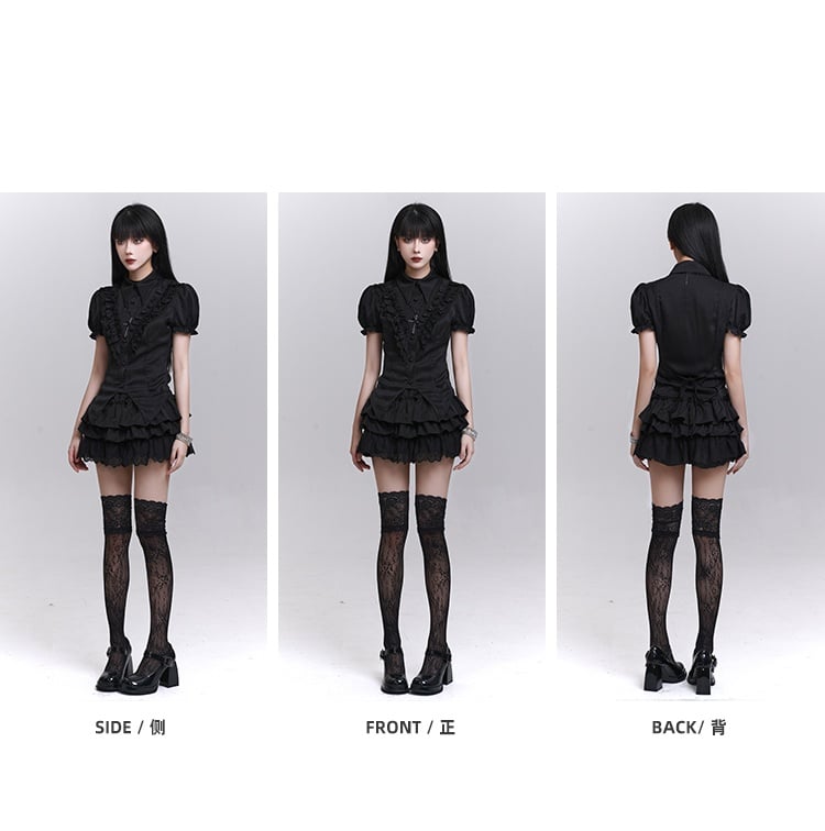 Pointed Flat Collar Curved Hem Gothic Puff Sleeves Blouse Pattern Black Striped