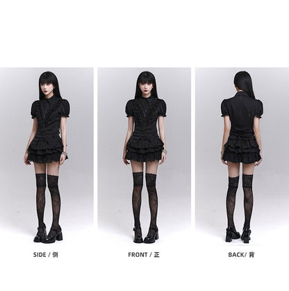 Pointed Flat Collar Curved Hem Gothic Puff Sleeves Blouse Pattern Black Striped