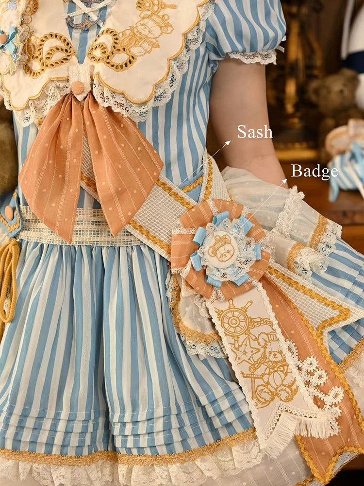 Striped Low Waist Sailor Lolita Dress with Embroidered Collar - Twin Bear Original Design