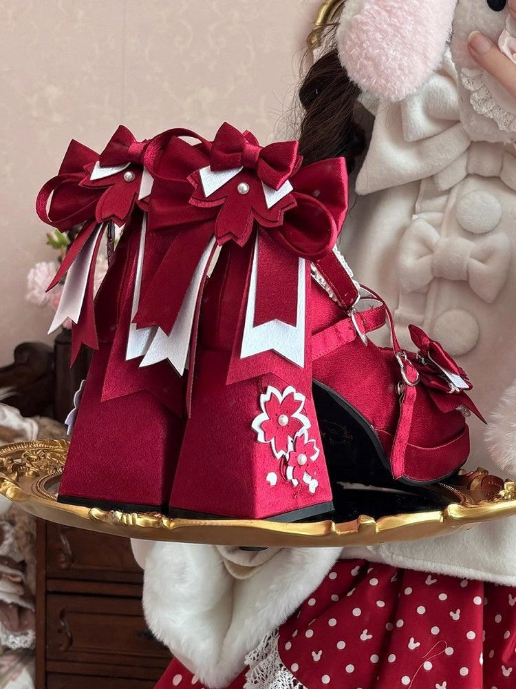 Bow Heel - Heart Satin with in High Janes Red Themed Accents Sakura Snap Block Mary