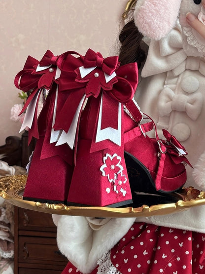 Bow Heel - Heart Satin with in High Janes Red Themed Accents Sakura Snap Block Mary