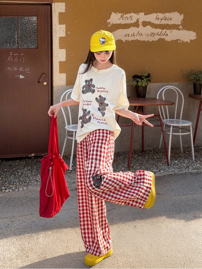 ワイドレッグパンツバージョン ショート/ロング 赤と白のチェック柄ベアプリント