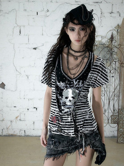 Black White Street Punk Two-Piece Set with Asymmetric Top and Skull Tank - NO ROMANCE
