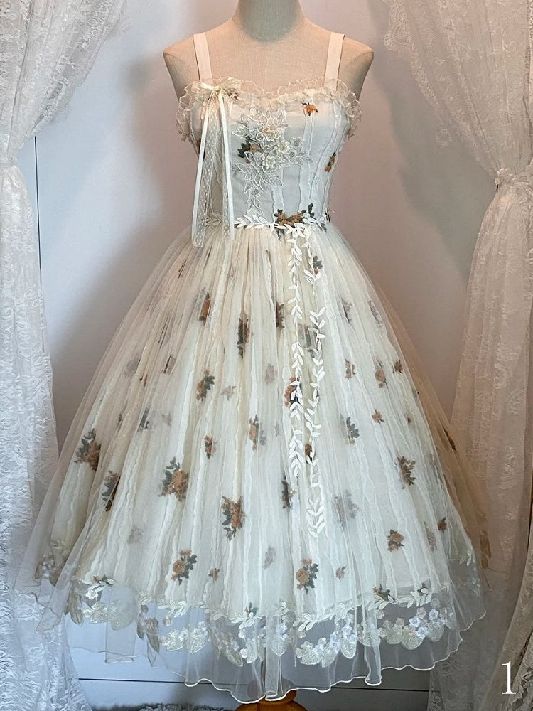 Apricot Floral Embroidered Lace Elegant Classic Lolita JSK Dress With Overlay