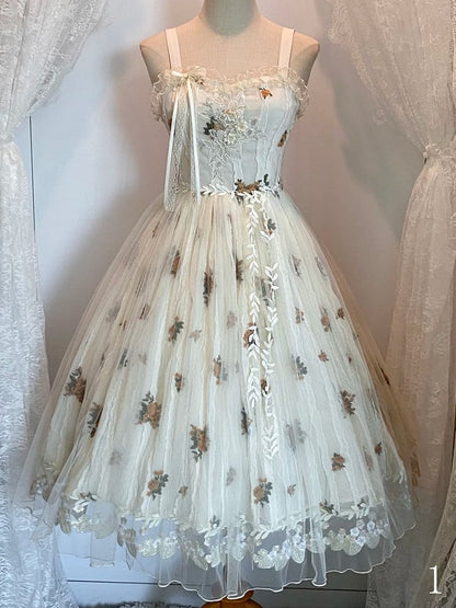Apricot Floral Embroidered Lace Elegant Classic Lolita JSK Dress With Overlay