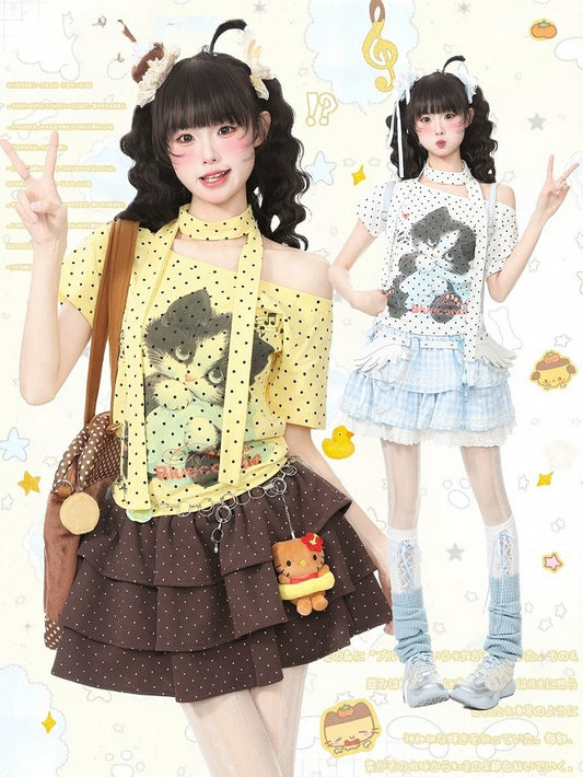 Yellow Kitten Polka Dot Tee with Scarf - Languid Park