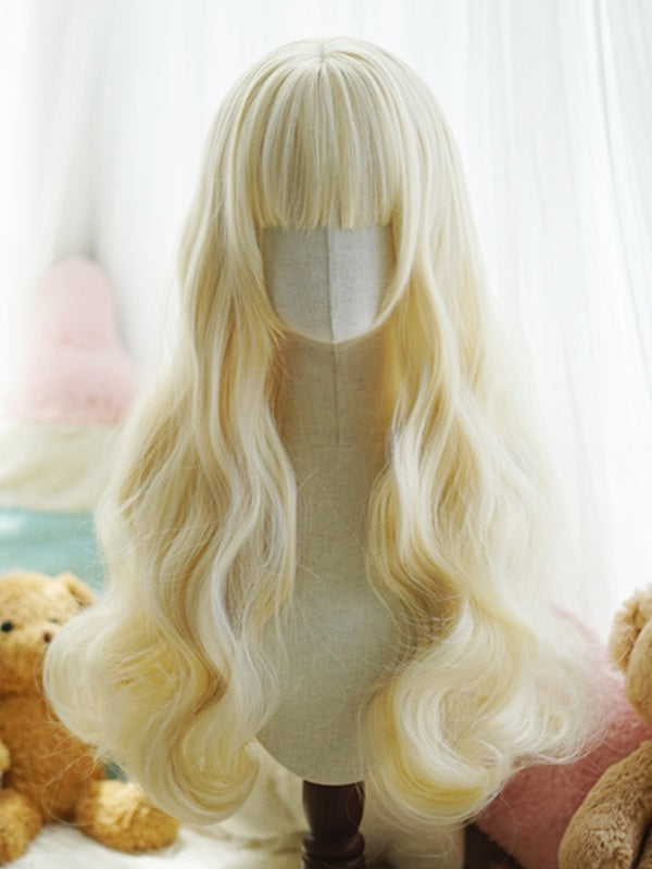 Schwarz/Weiß/Hellblond/Blond/Karamell/Grau, hüftlange, gewellte Perücke mit vollem Pony