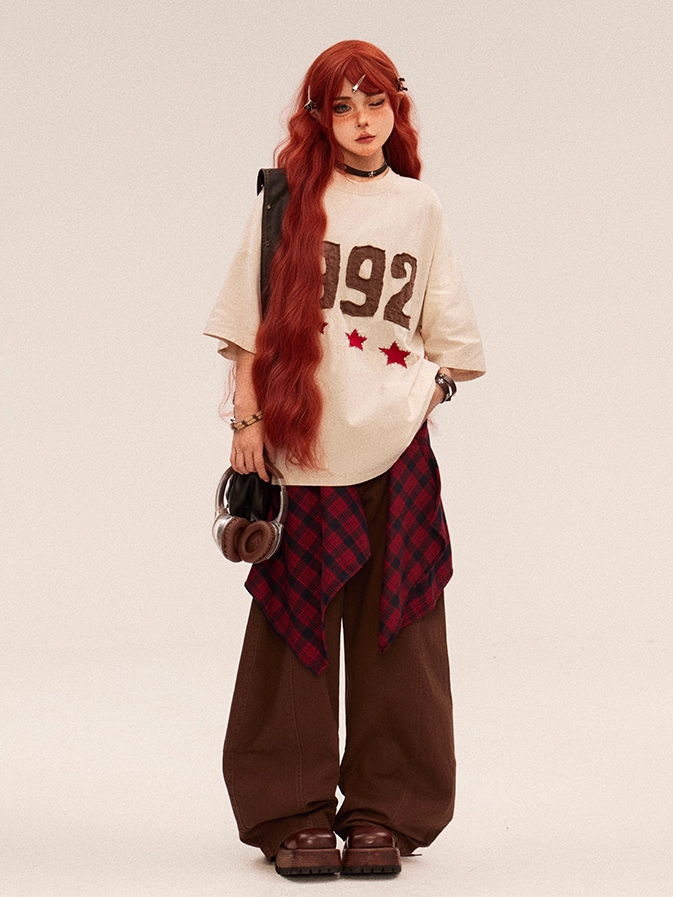 Star Embroidery Vintage Faded Wash Number Beige/Red and T-shirt