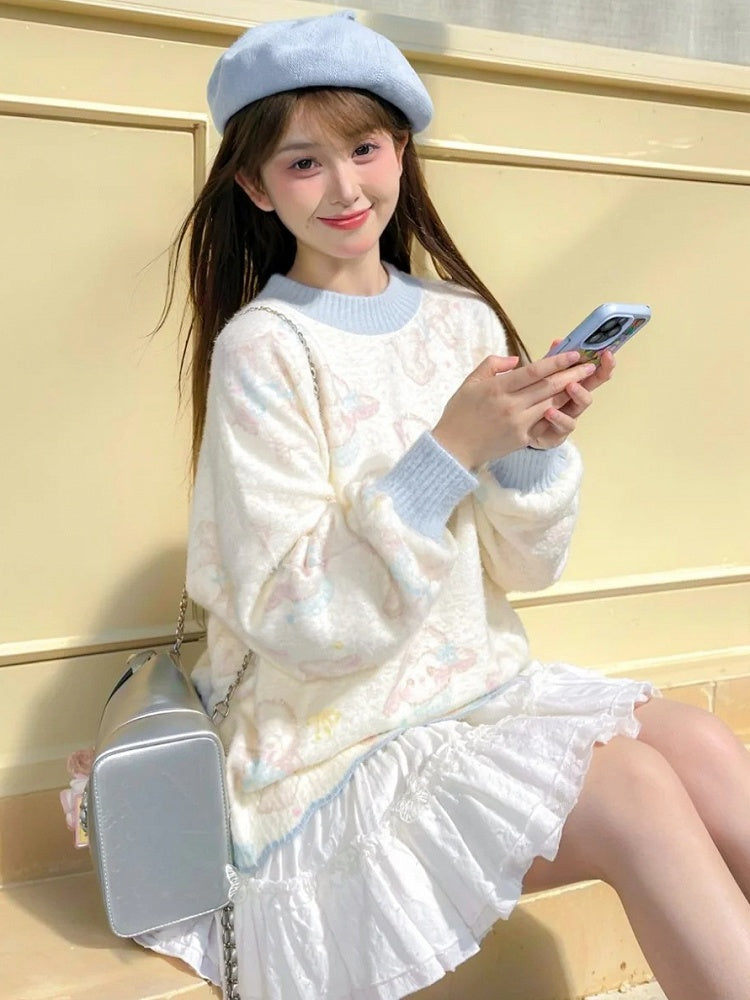 スカラップエッジトリムのベージュのキュートなラム柄セーター