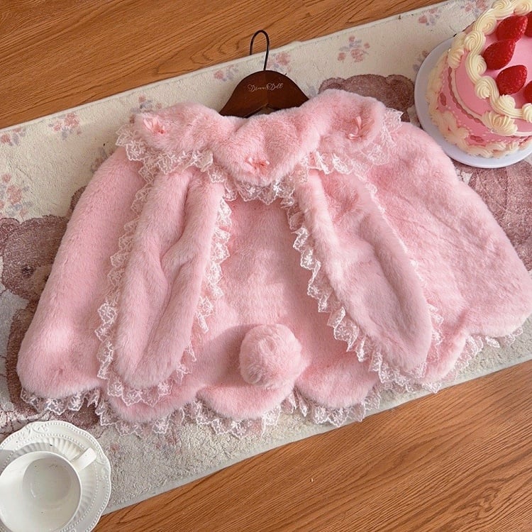 Sweet / Lolita Winter Cape with Plush Pink Bunny Ears Kitty