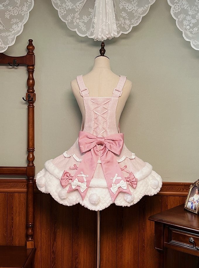 Pom-Poms Pink mit Lolita-Overall-Besatz, gewelltes süßes Kleid, weißer Schleifenrand und