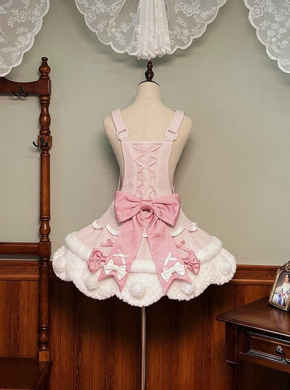 Pom-Poms Pink mit Lolita-Overall-Besatz, gewelltes süßes Kleid, weißer Schleifenrand und