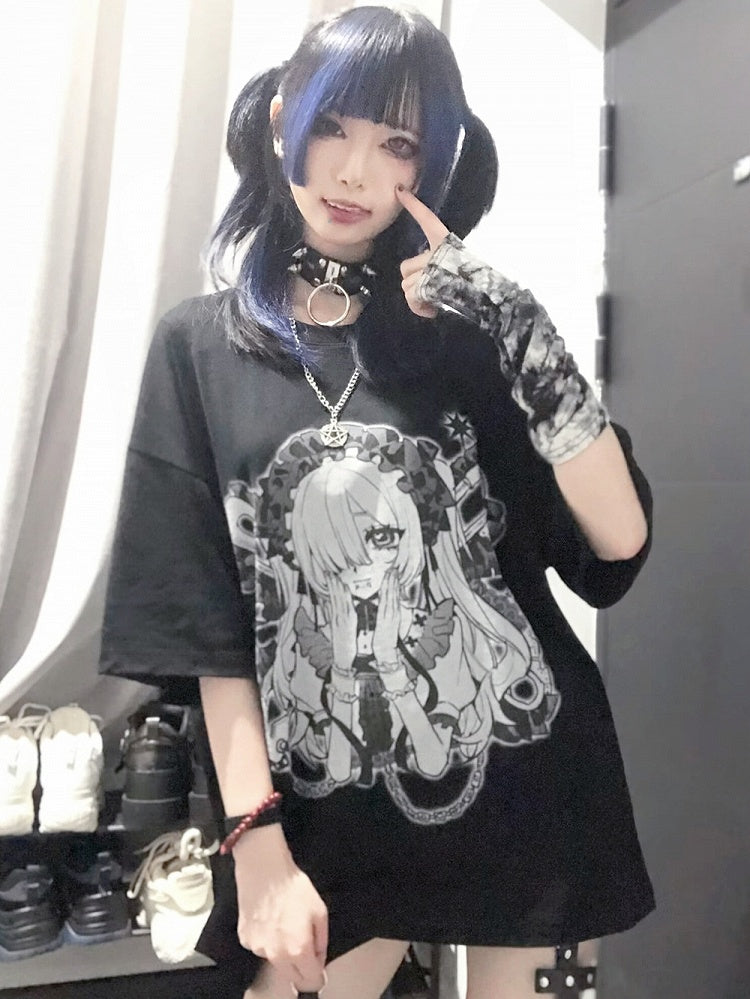 ネックブラックホワイト ケイジライ ラウンドプリント 漫画ガール Tシャツ