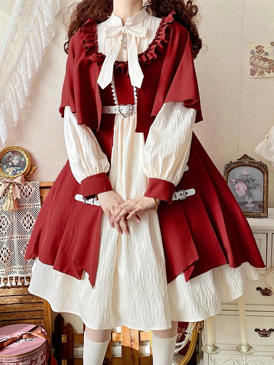 Lolita Dress Design Collar Sleeves Long and Cape Beige Red Banded