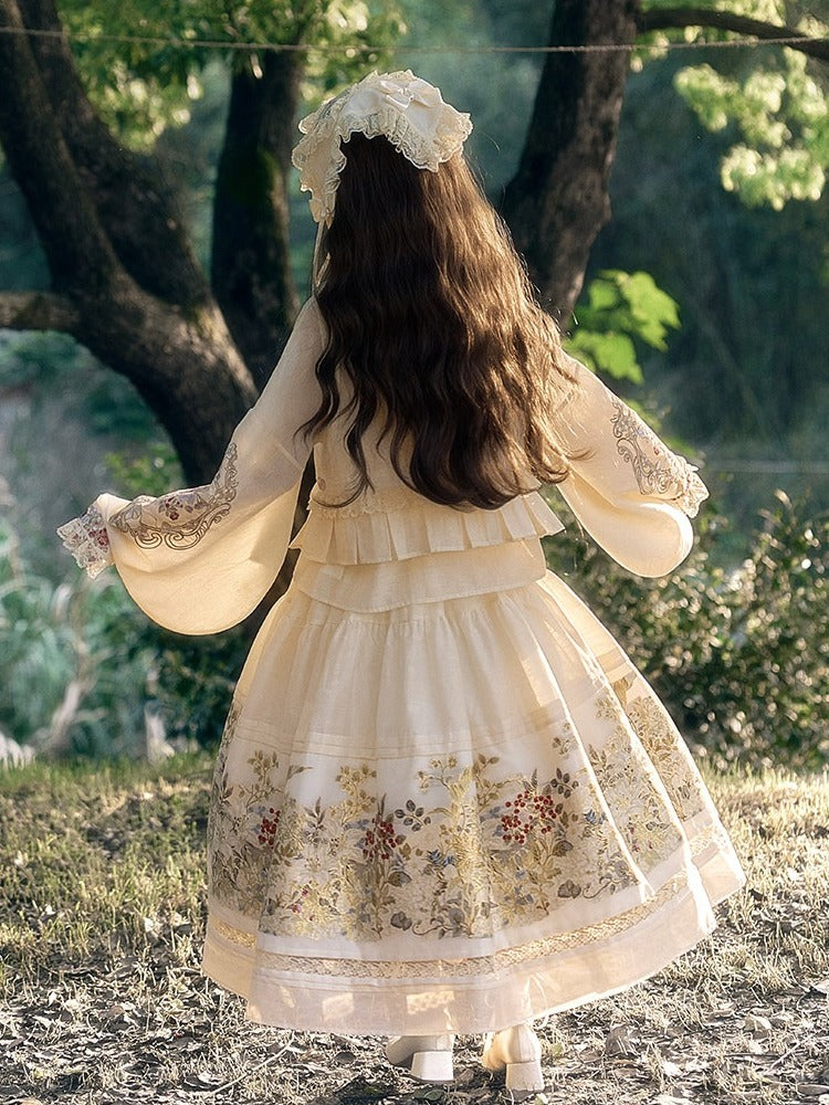 Hanfu-Inspired Beige Floral Embroidered Long-Sleeve Top with Lace - Yimu Walnut