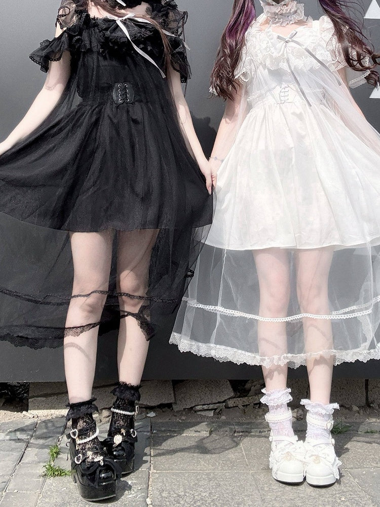 Jirai Kei Black Lace Cami Dress with Tulle Overlay Set - Pink Rabbit