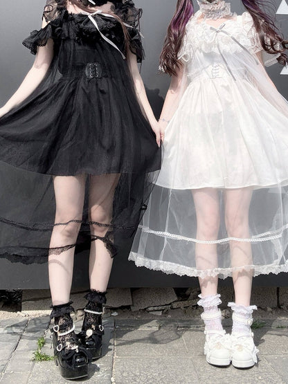 Jirai Kei Black Lace Cami Dress with Tulle Overlay Set - Pink Rabbit