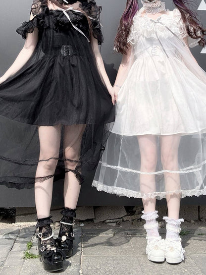 Black Lace Trim Slip Dress with Sheer Layer - Pink Rabbit