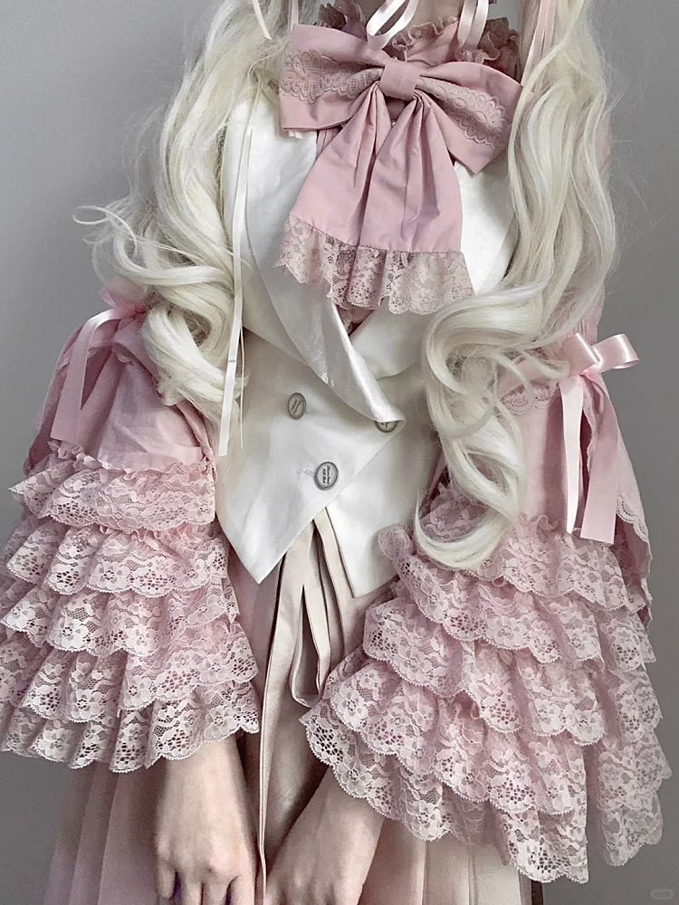 Sleeves Pink Bell Dark Lace Layered with Blouse Lolita Trims
