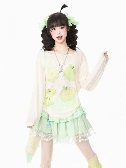 Breathable Apple-Print Long Sleeve Kawaii Top in Apricot for Warm Weather - Languid Park