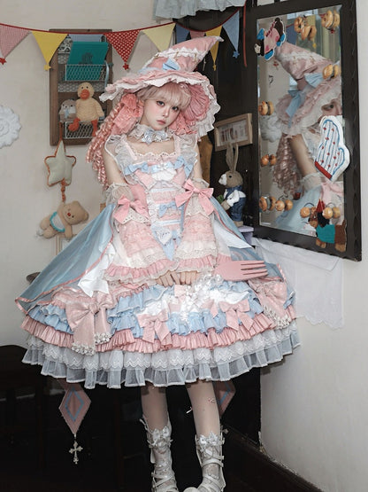 Witch-Themed Lolita JSK Full Ensemble in Pink and Blue with Bow Train, Cape, Detachable Sleeves, Hat and Outer Sleeves - Felinae Cookie