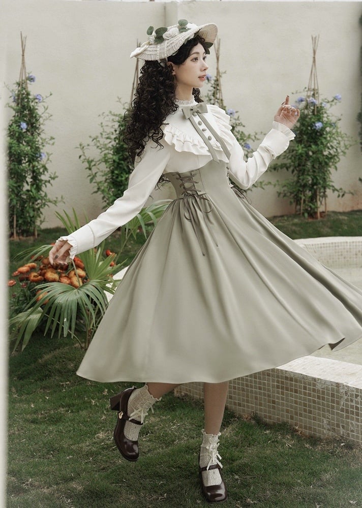 Light Green and Beige Ruffle Neckline Long-Sleeve Spring Classic Lolita Dress Layered-Look