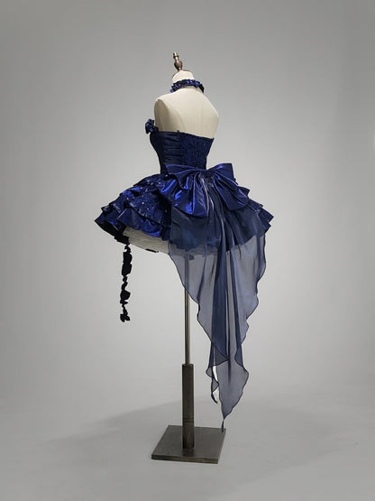 Klein Blue Roses Ausschnitt Lolita Goth Boning Kleid Pailletten Tiered Puffy Kleid