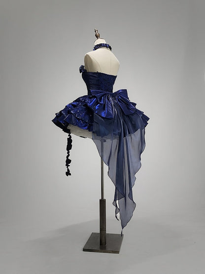 Ausschnitt Rosen Blau Klein Pailletten Stäbchen Puffy Goth Stufenkleid Lolita