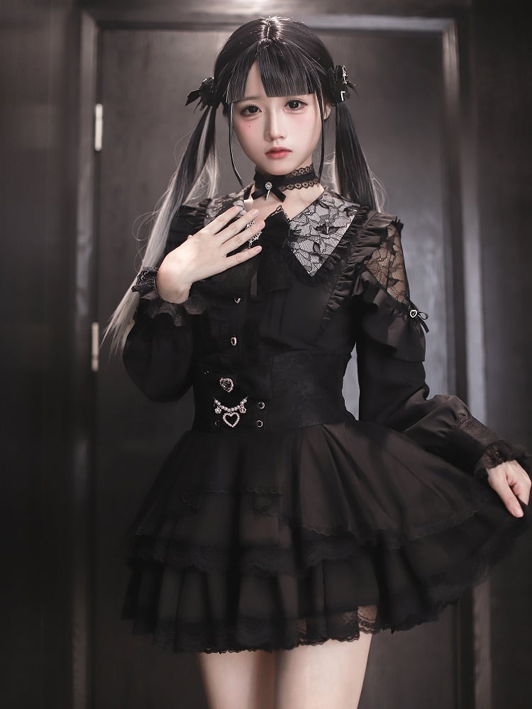 - Shoulders Blouse Kei Jirai Collar Black Lace-Cutout Pointed Gothic Style with