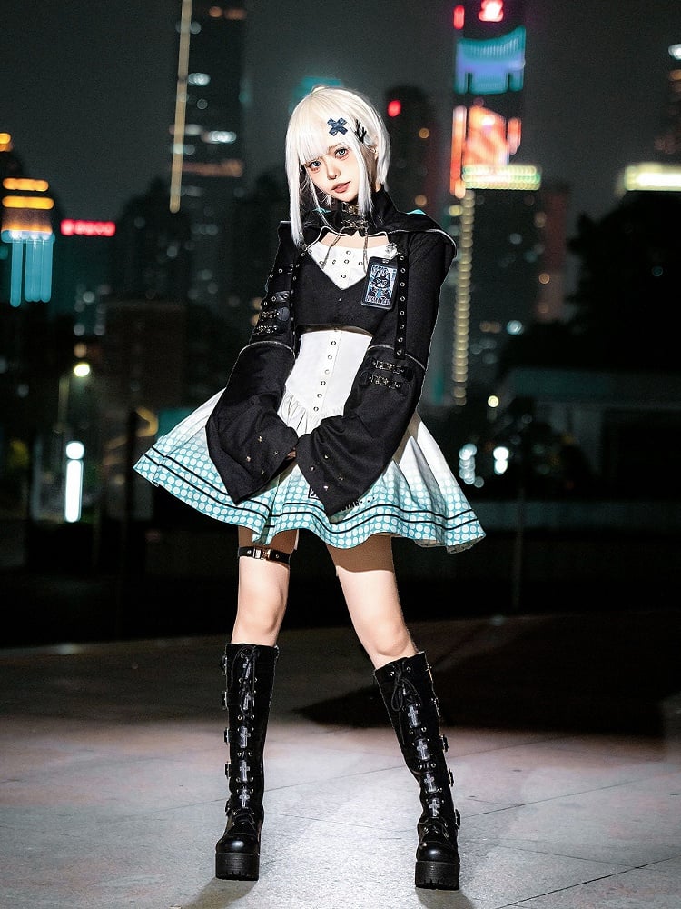 Electronic Cat Cutout Hooded Crop Top & Self-Tie Gown in Black Blue - Xiong Dou Jiang