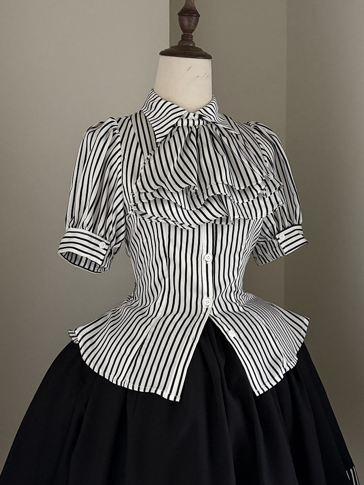 Gothic Lolita Short Sleeves White Striped Blouse Jabot Tie - Flower Fairy Daily