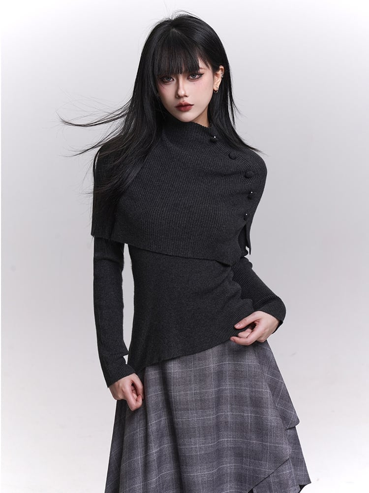 Accents Shawl Set Knit Dark Top Button Gothic Long Gray/Black Sleeves
