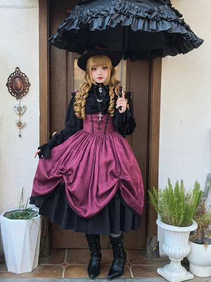 Waist Lolita Gothic Straps Drawstring Cross JSK Basque Dress and Red Shoulder Embroidery with Lace-Trimmed