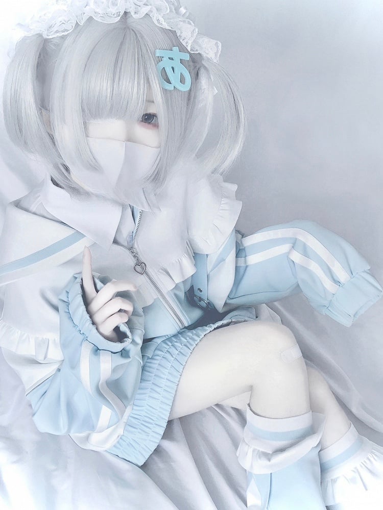 WhiteBlue Sweatshrit Jirai Collar Kei Zip Sailor Closure Jacket