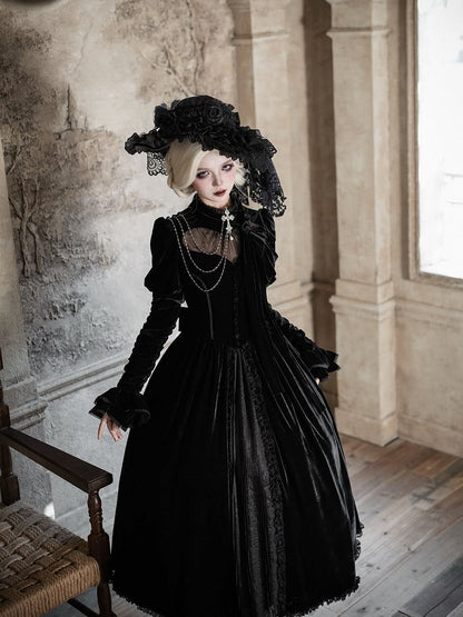 Dress Sleeves Lolita Mesh Gothic with Long Black Heart Neckline Illusion Velvet