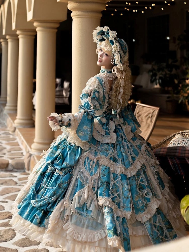 with Sleeves Sweetheart and Ruffle Layers Bell Applique Gorgeous Blue Gown Hime Lolita Beaded Lace