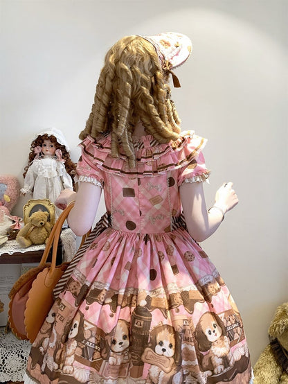 Süßes Lolita-Kleid mit kurzen Ärmeln und Welpen- und Keks-Print in Rosa