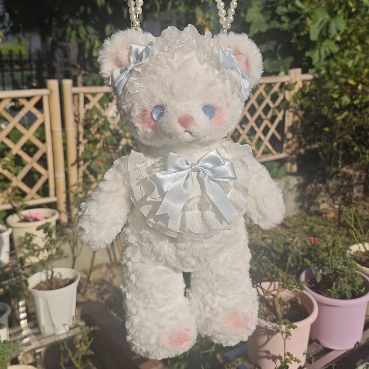 White Blue/Pink Convertible Plush Bag Strap Bear with