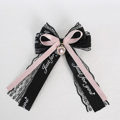 Kei Pink Lace Jirai Hairclip with Heart Charm Black Bowknot /