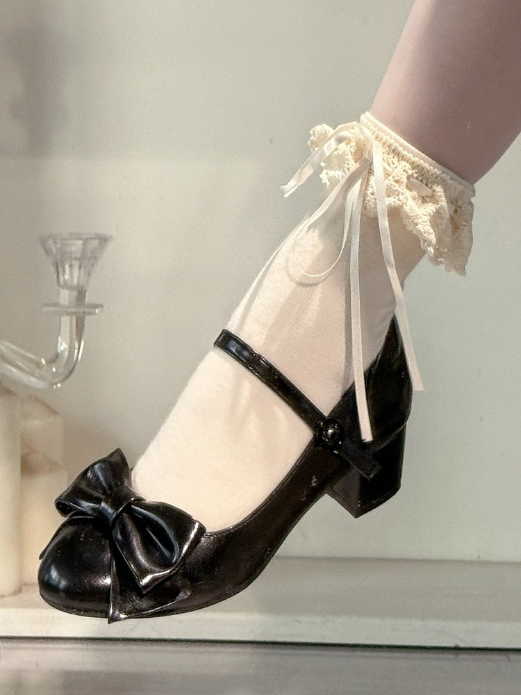 Sophisticated Black Lolita Mid Heels - PU Leather with Ornamental Bow & Circle Fastener
