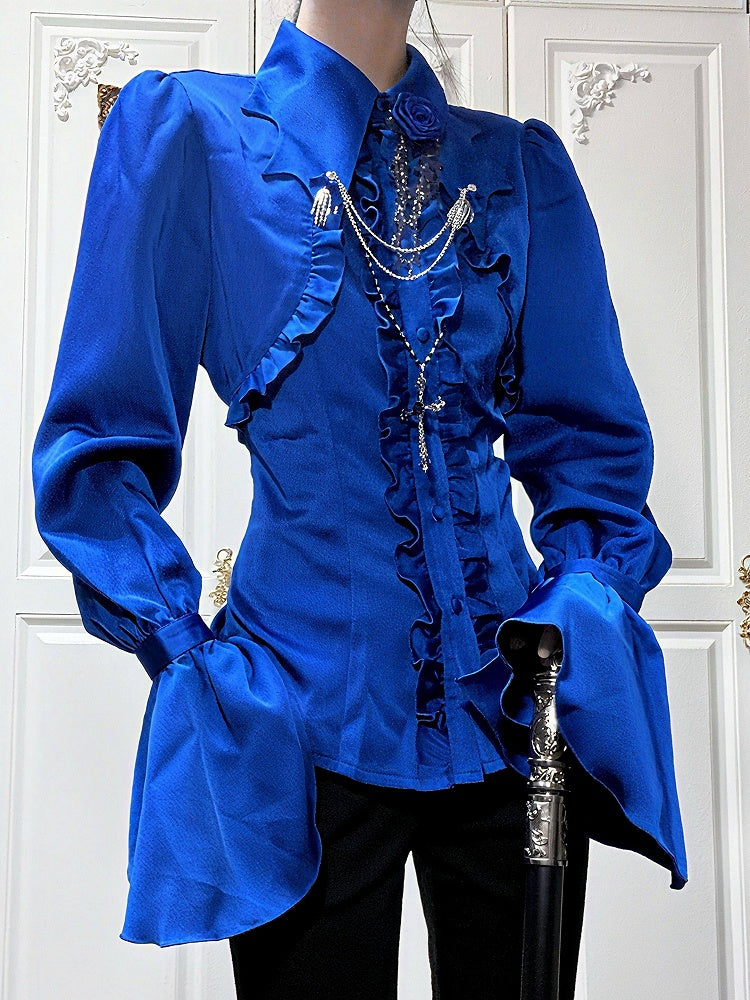 Klein Collar Satin Lolita Gothic Blue with Shirt Ruffle Details Bat-Wing