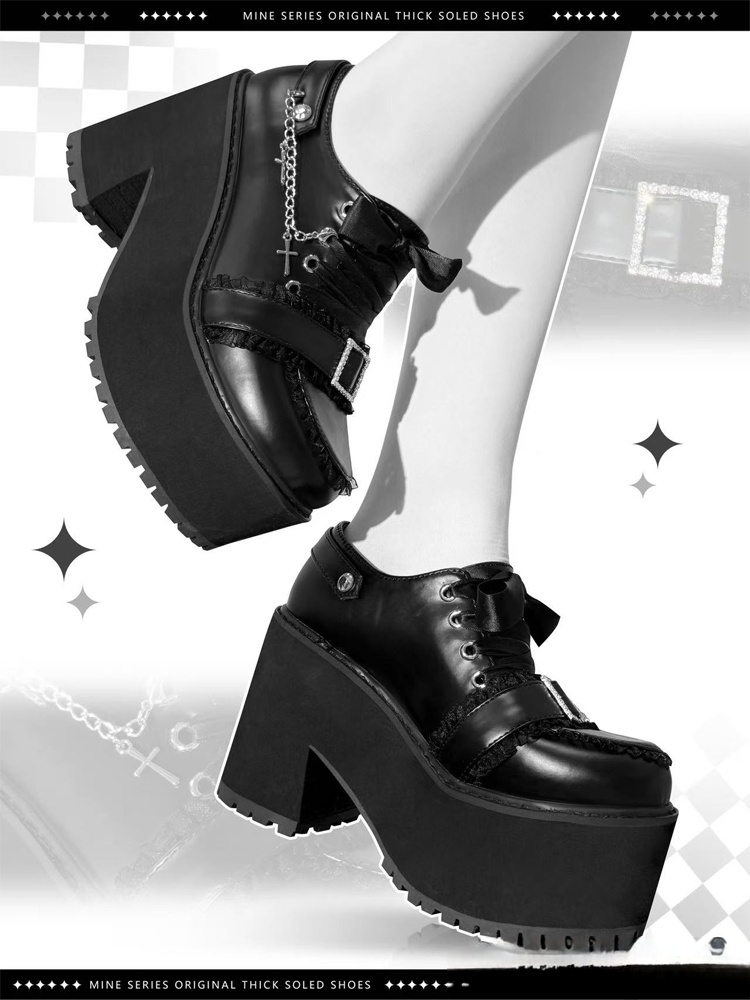 Matte Black Jirai Kei Platform Shoes | Detachable Cross Chain ，Rhinestone Buckle & Ribbon Lacing